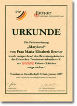 Urkunde des Tourismusverband für die Ferienwohnung Erfurt Maryland